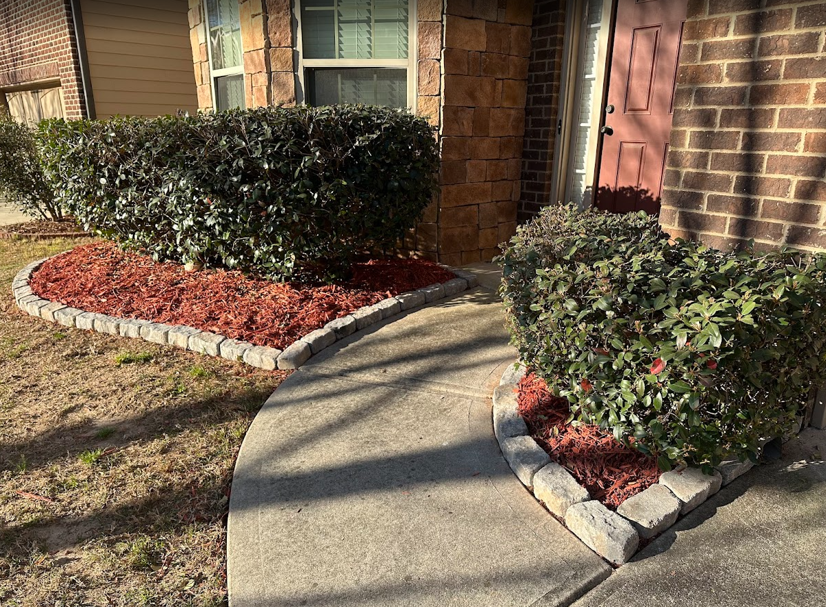 Red mulch and concrete stone edge with shrubs